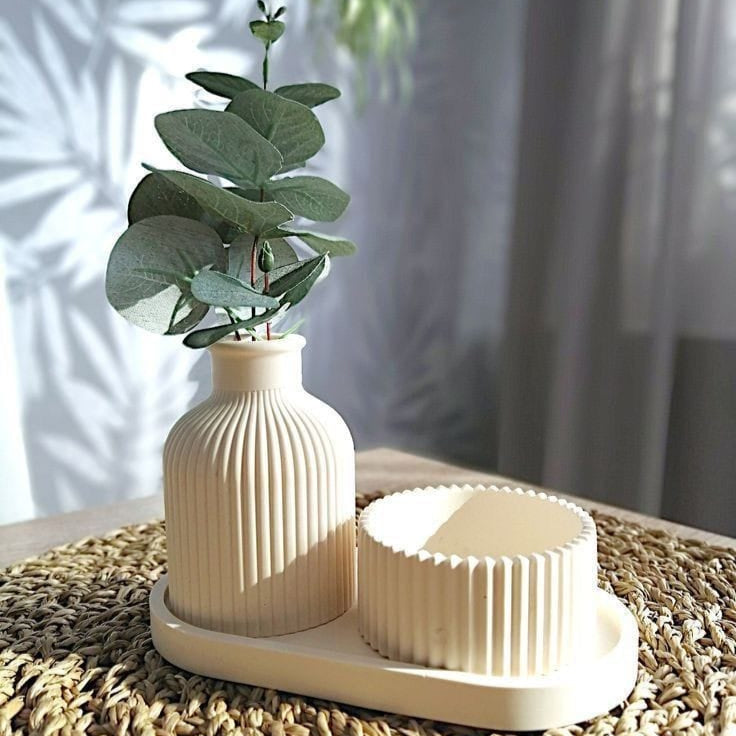 Minimalist White Cement Vase & Candle Set Ribbed Design on Tray