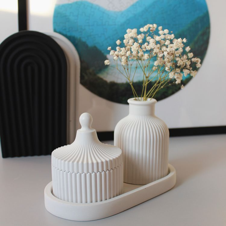 Minimalist White Cement Vase & Candle Set Ribbed Design on Tray