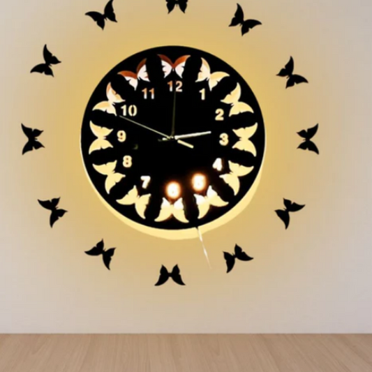 Butterfly Wooden Wall Clock With Light