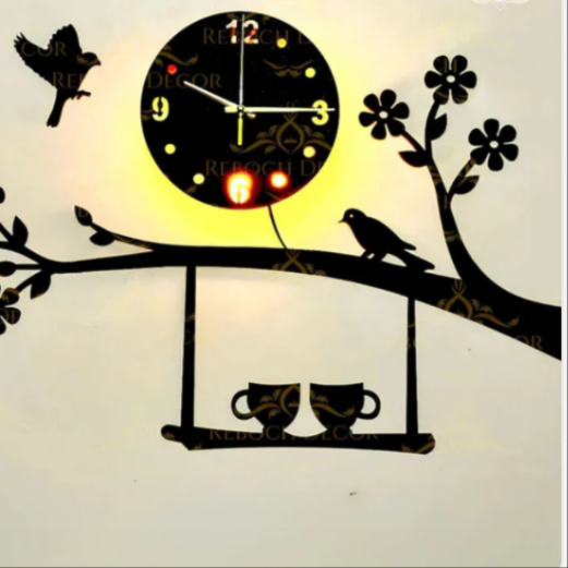 Birds on Tree Wooden Wall Clock With light