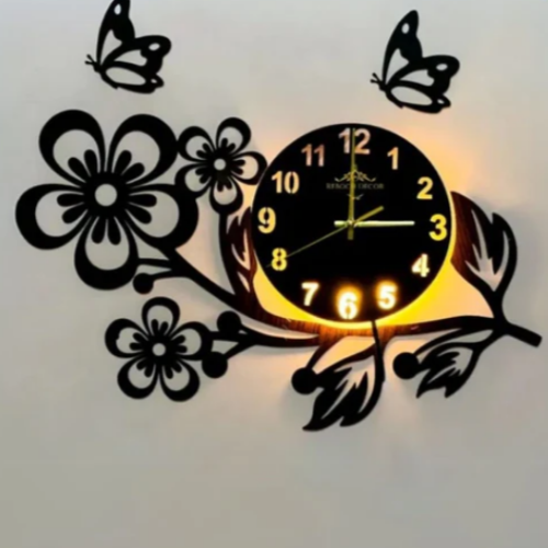 Flower Wooden Wall Clock With Light