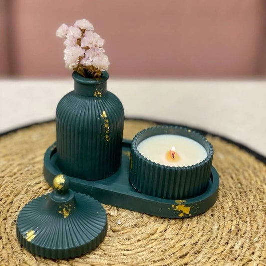 Elegant Ribbed Cement Candle & Vase Decor Set – Deep Green with Gold Accents