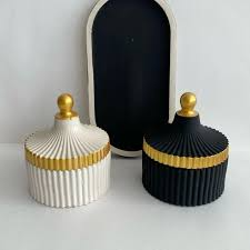 Luxury Ribbed Cement Decor Jar Set – Black & White with Gold Accent