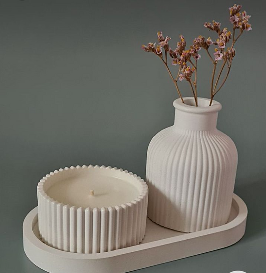 Minimalist White Cement Vase & Candle Set Ribbed Design on Tray